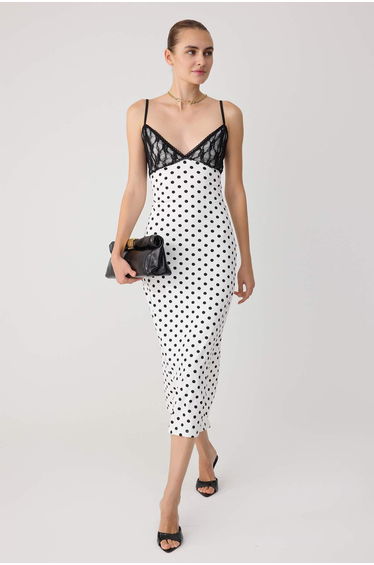 Ecru Polka Dot Midi Knitted Dress