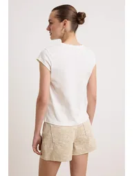 Ecru Fitted Short Sleeve 100% Cotton Knitted T-Shirt - 3
