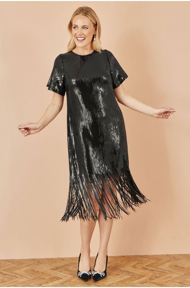 Yumi Black Sequin Tassels Hem Midi Tunic Dress