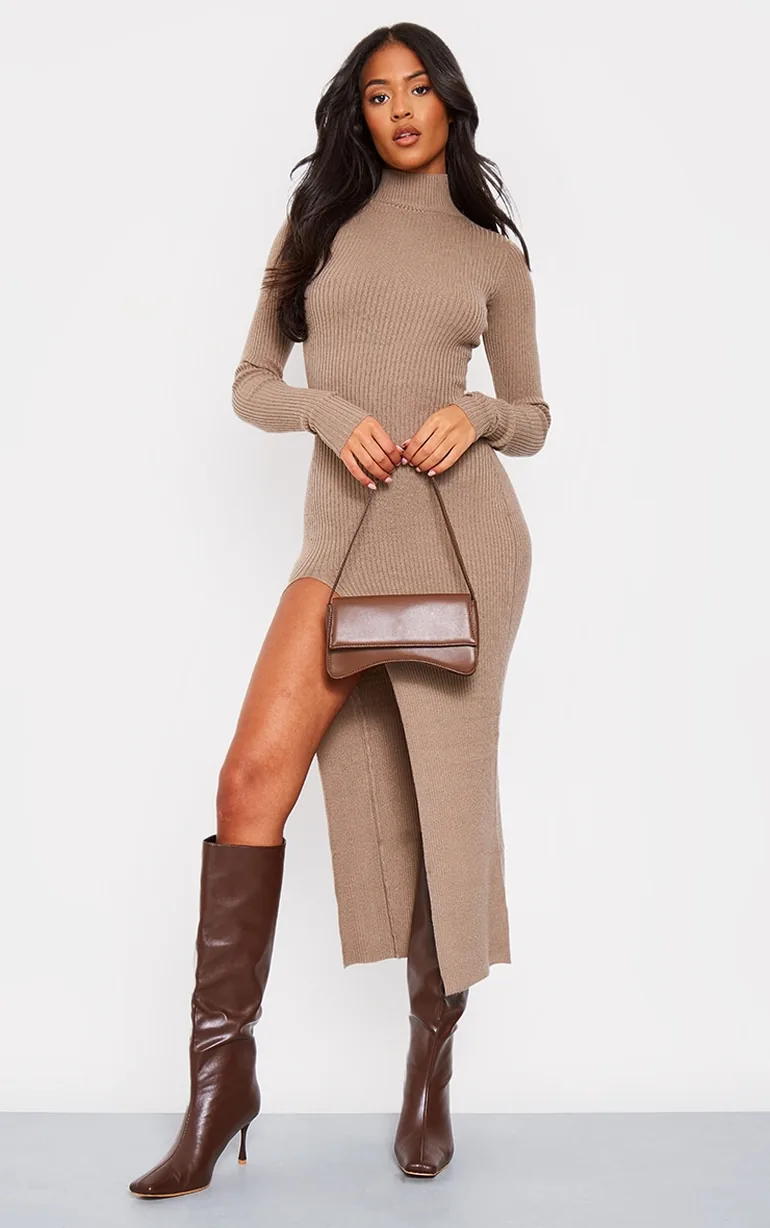 ribbed dress with split Long Sleeve Tie Back Detail Side Split Mini Dress In Black Ribbed | EGO US