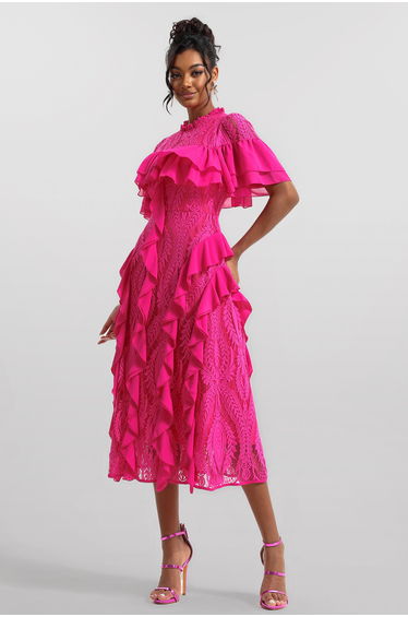 Victoire Lace Frill Midi Dress in Fuchsia