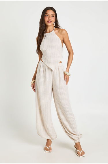 Striped Linen Look Halter Top - beige