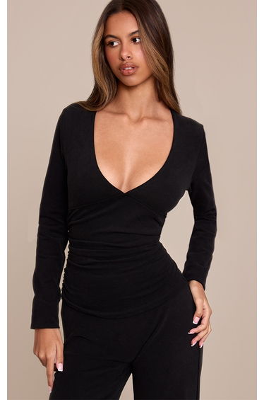 Petite Black Soft Cotton V Neck Long Sleeve Top