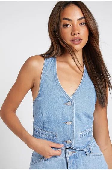 Denim Halterneck Top - mid wash