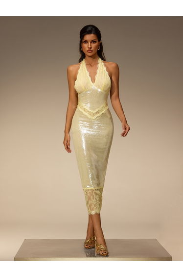Virellon Halterneck Lace Sequin Midi Dress In Beige