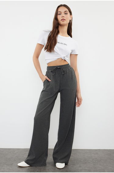 Anthracite Premium Wide Leg Stretchy Knitted Trousers