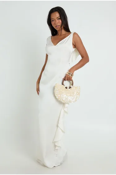 Matte Satin Ruffle Back Slip Dress - ivory