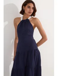 Petite Linen Viscose Colour Block Woven Tiered Halter Maxi Dress