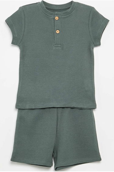 Ribbed knit 2-piece short pajamas GREEN