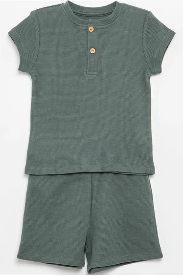 Ribbed knit 2-piece short pajamas GREEN