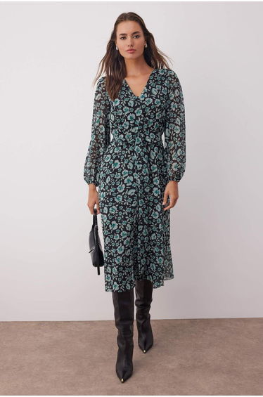 Green Belted Floral Belted Maxi Woven Dress