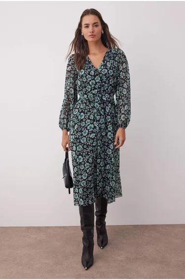 فستان ماكسي بحزام بطبعة أزهار - أخضر