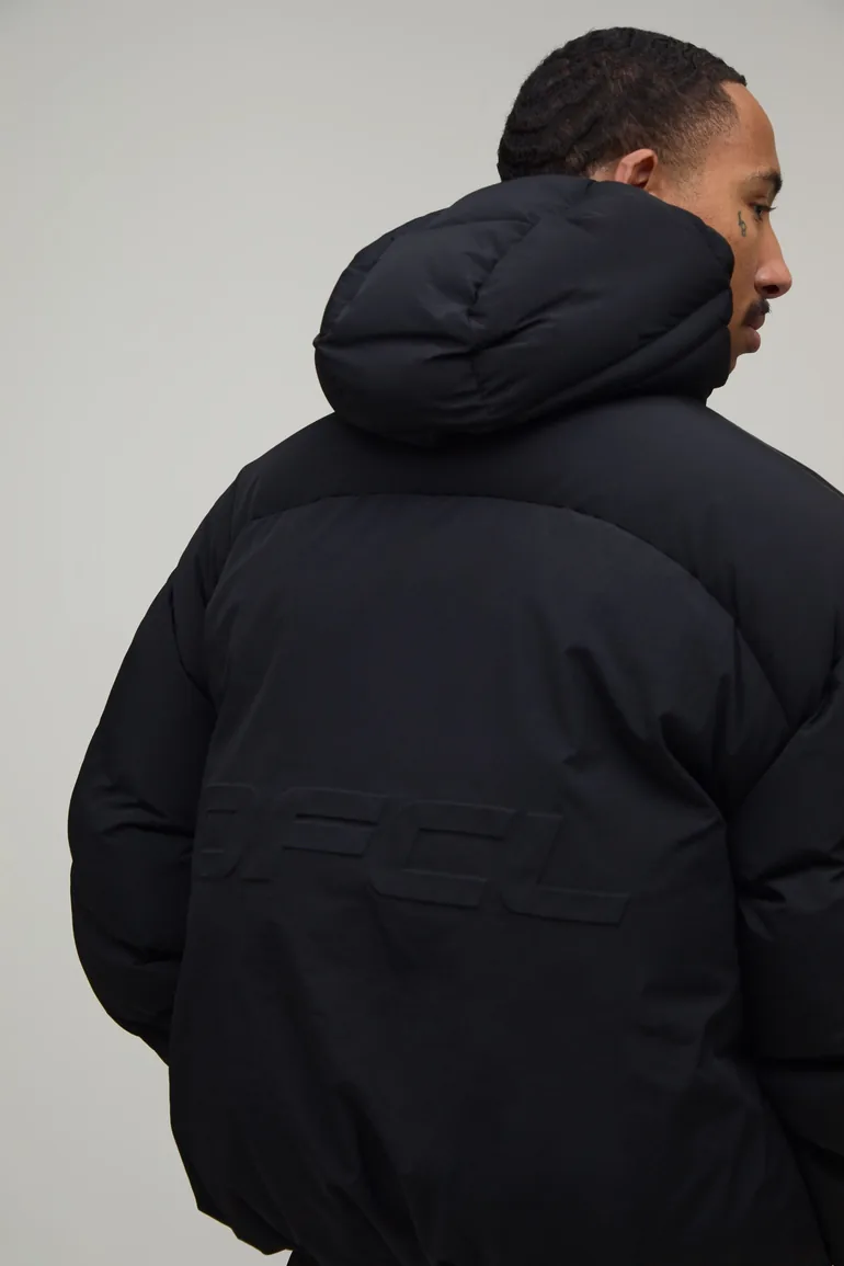 Oversized Boxy Fit Nylon OFCL Hooded Puffer Jacket - black - 2