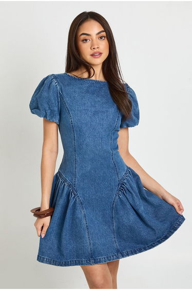 Puff Sleeve Denim Mini Dress - mid wash product thumbnail 2