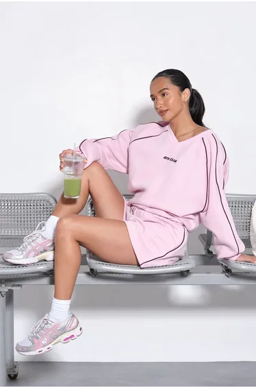 Ath Club Embroidered V Neck Piping Short Tracksuit - pink