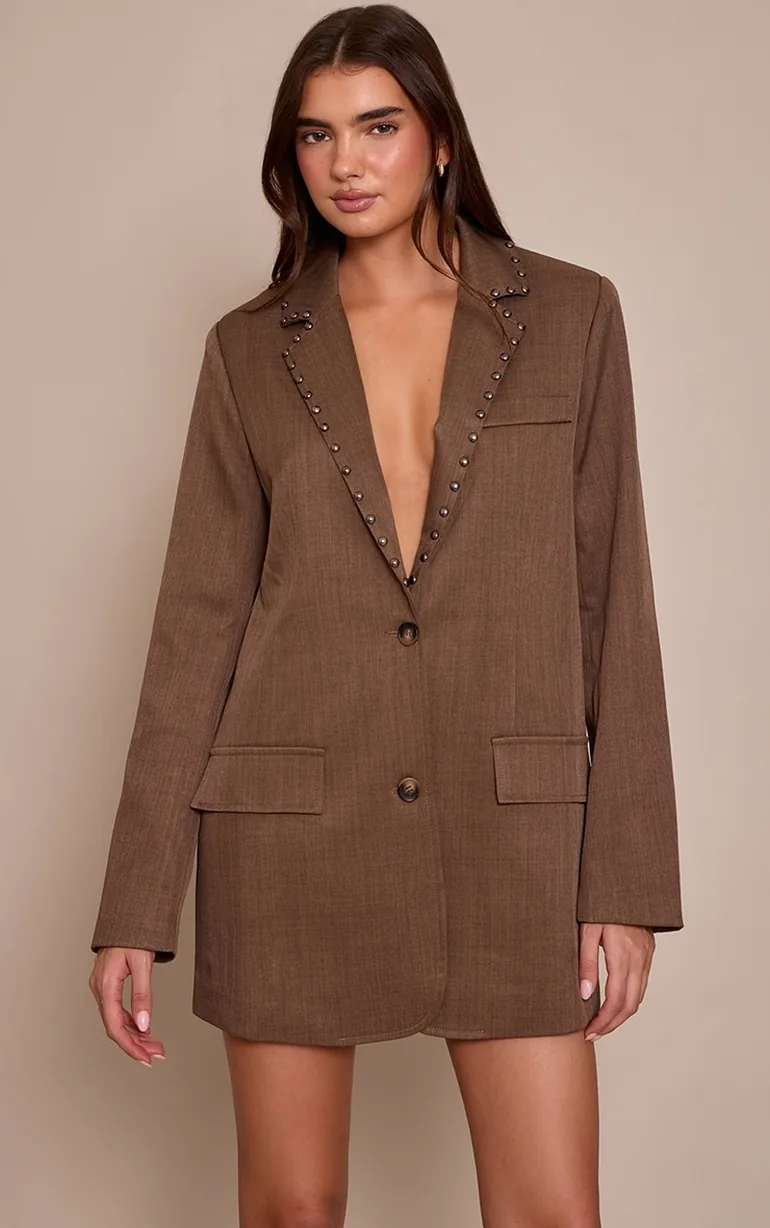 brown oversized blazer dress Mushroom Tailored Woven Studded Oversized Blazer Dress Prettylittlething  Brown : Party Dresses : VogaCloset Oman