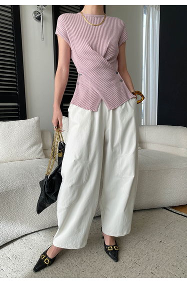 Stylish Crisscross Buttoned Waist Rib Knit Top in Dusty Pink for Workdays & Coffee Runs