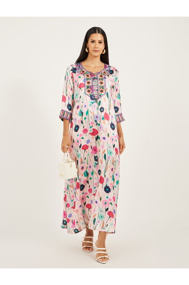Printed Stain Embroidered A-Line Kaftan