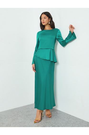 Green Satin Bell Sleeves Maxi Dress