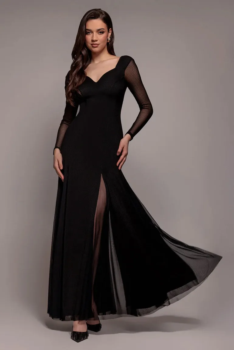 black dobby mesh dress Dobby Mesh Insert Long Sleeve A-Line Maxi Dress