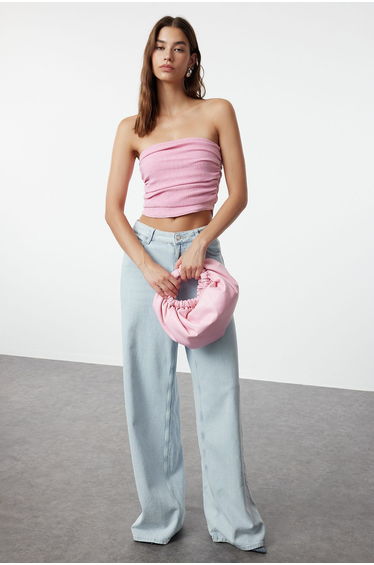 Premium Pink Strapless Gathered Stretchy Knitted top