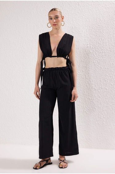 Black Woven Binding Detailed Deep V-Neck Beach Blouse Pants Suit