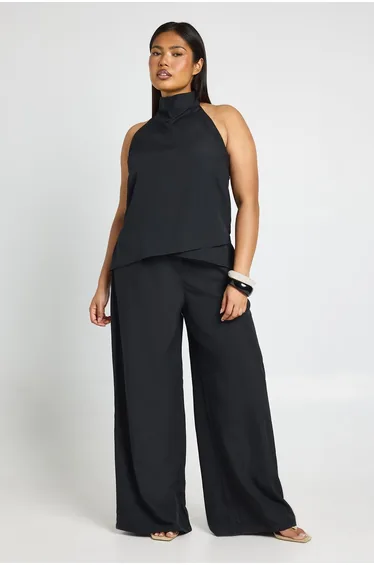 Plus Crepe Halterneck Top and Wide Leg Trouser Co-ord - black