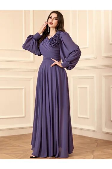 Women Pleated Flower Detail Balloon Sleeve Maxi Dress