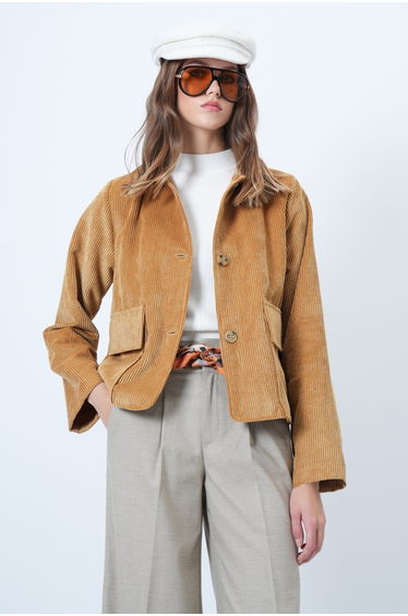 Women's Mustard Double Pocket Wide Cuff Velvet Jacket