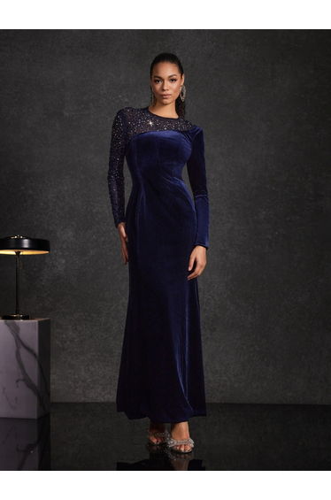 Hyalina Velvet Mesh Diamond Maxi Dress