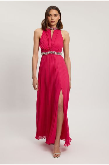 Crystal Embellished Woven Split Maxi Dress