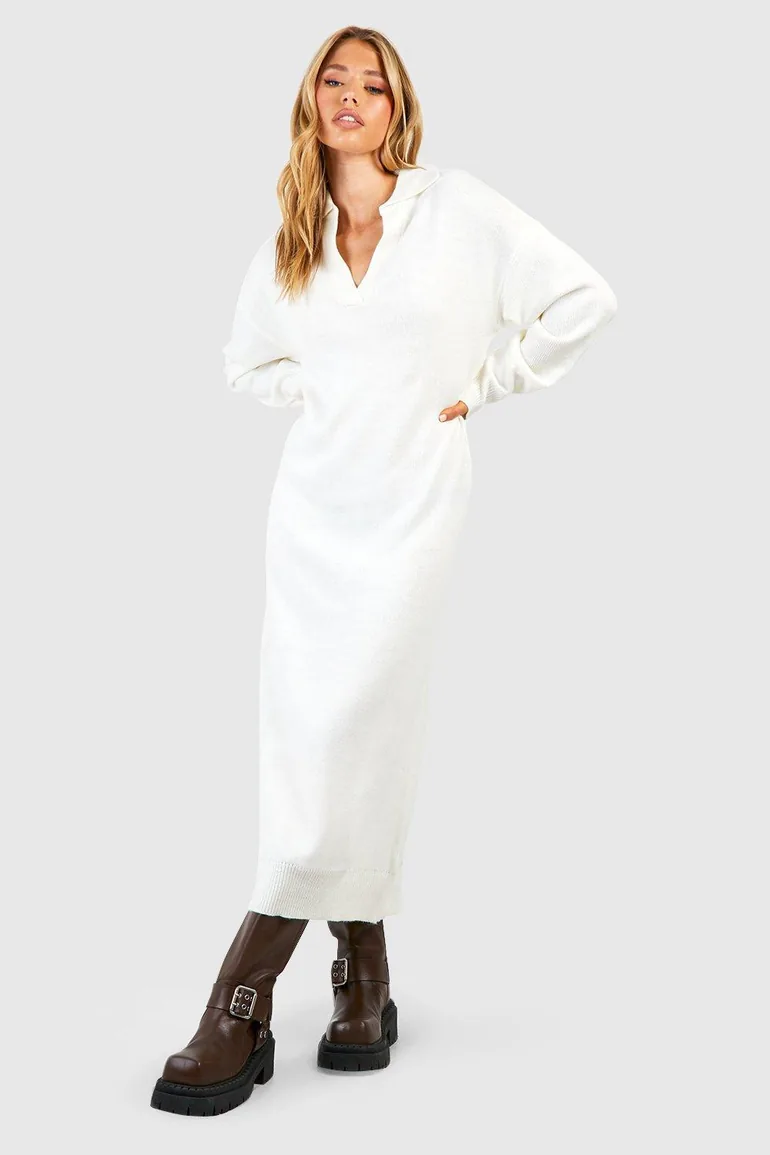 Shop V Neck Collared Knitted Midaxi Dress - ecru Online in Oman