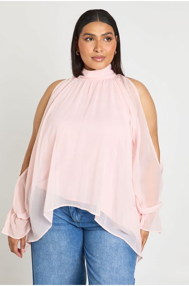 Plus Chiffon Cold Shoulder Ruffle Top - dusty pink