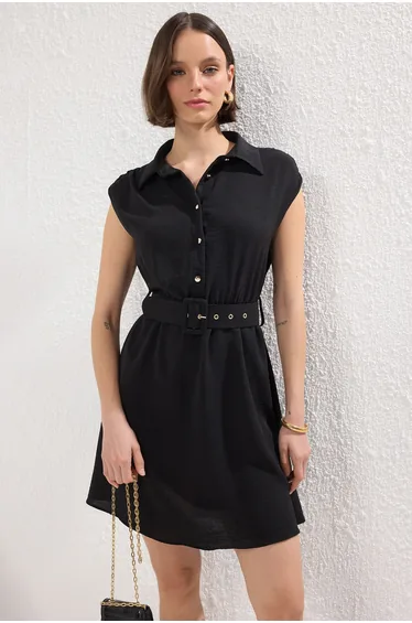 Black Belted Plain A Cut Half Placket Mini Woven Dress