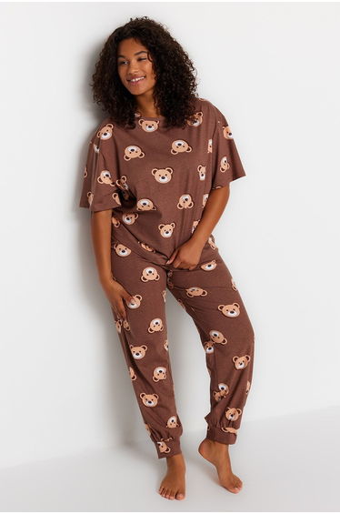 Plus Size Pajama Set - Brown - With Slogan