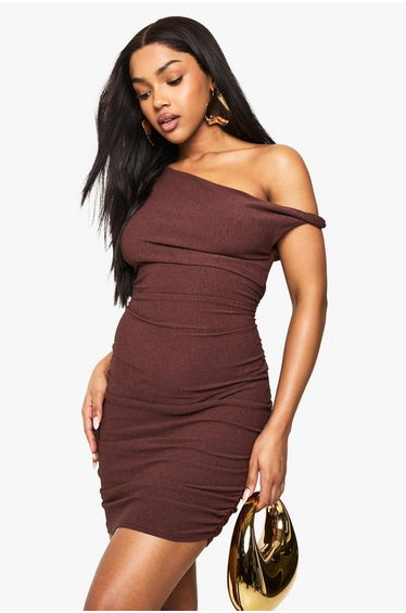 Textured Drape Twist Strap Mini Dress - chocolate