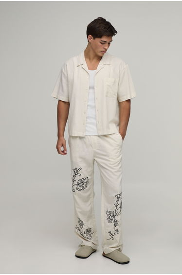 Relaxed Fit Linen Blend Floral Embroidery Trousers - natural
