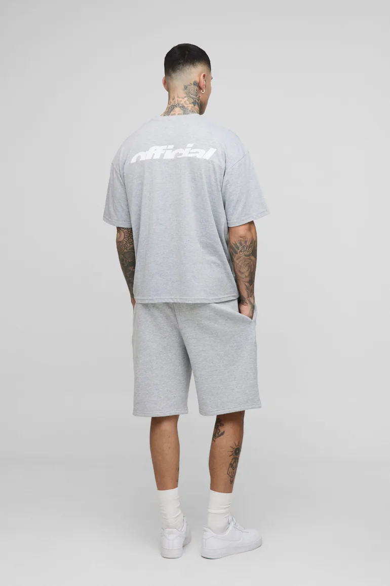 Tall Oversized Boxy Official Panel Print T-Shirt & Oversized Panel Short Set - grey marl - 1