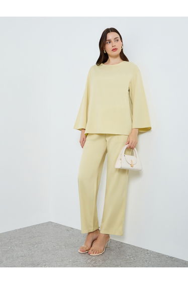 Women Solid Long Sleeve Top and Wide Leg Pants Co-Ords
