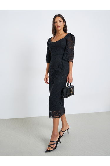 Women Black Lace Overlay Sheath Midi Dress