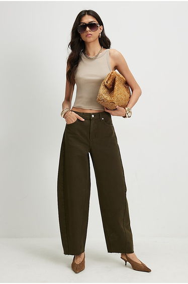 Khaki Twist Seam Barrel Leg Jeans
