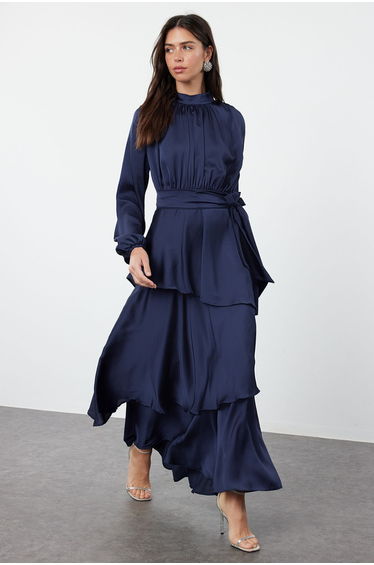 Navy Blue Skirt Layered Satin Woven Evening Dress/Night Dress