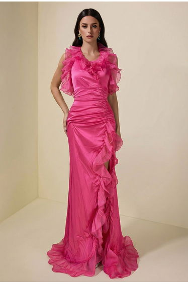 V-Neck Sleeveless Backless Slit Ruffle Hem Maxi Dress