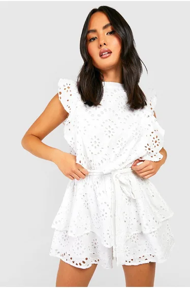 Broderie Ruffle Playsuit - white