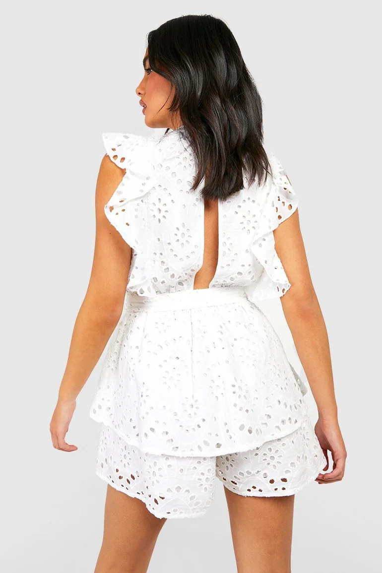 Broderie Ruffle Playsuit - white - 1