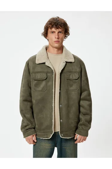 Suede Look Jacket Slim Fit Plush Detail Shirt Collar