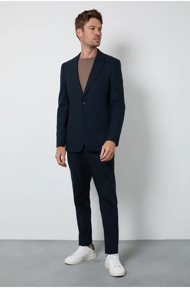 Navy Linen Slim Fit Suit Jacket