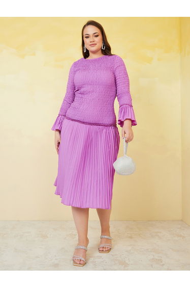 Plus Smocked Accordion Pleated Midi Dress