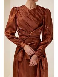 Satin Gathering Knotted Midi Dress - 6