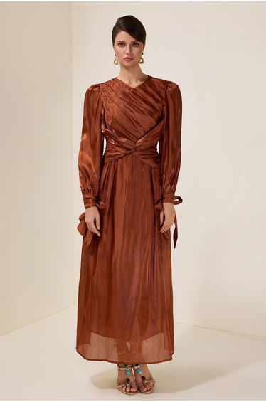 Satin Gathering Knotted Midi Dress